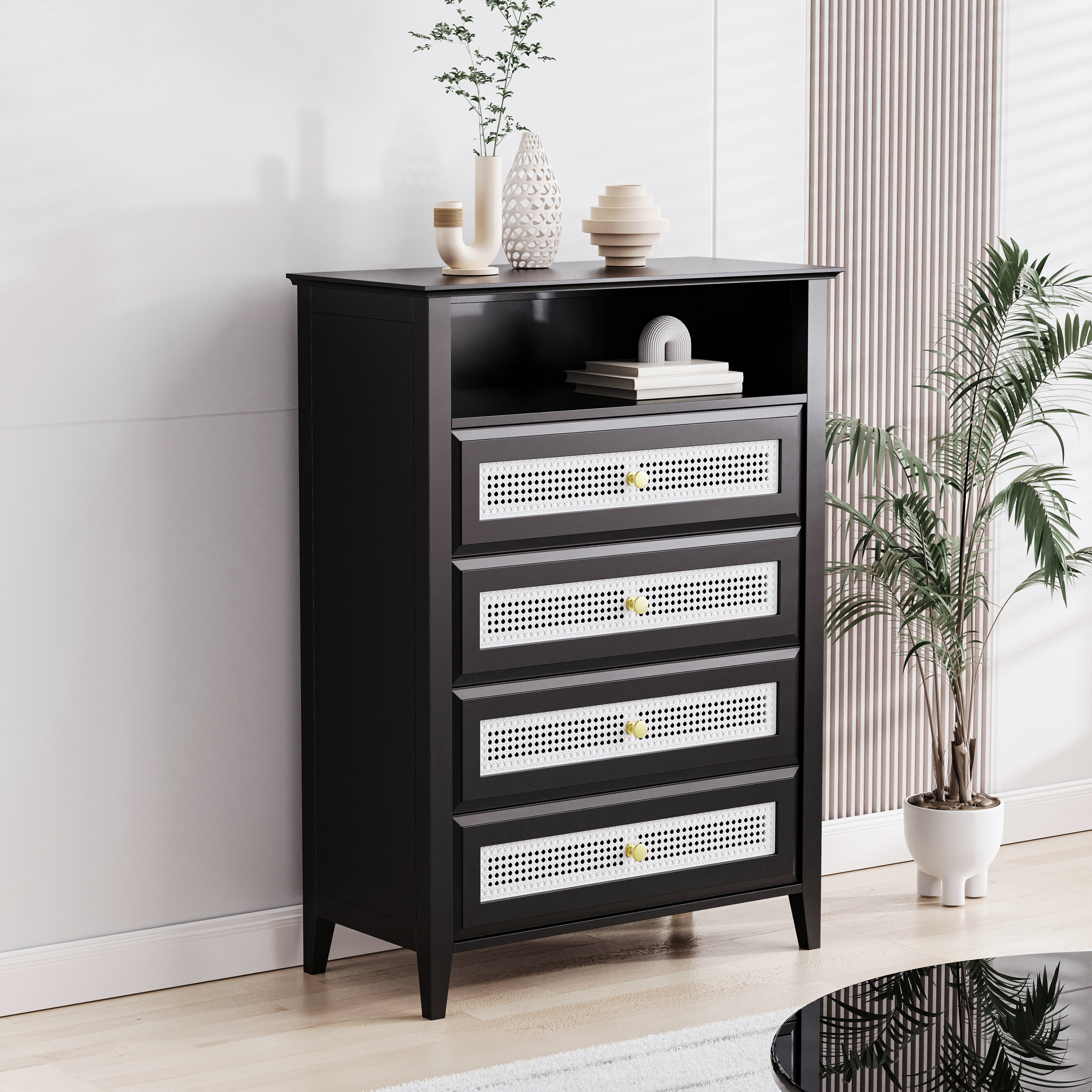 EUROCO 4 Drawer Dressers with Rattan Panels,Retro Style Chest of ...