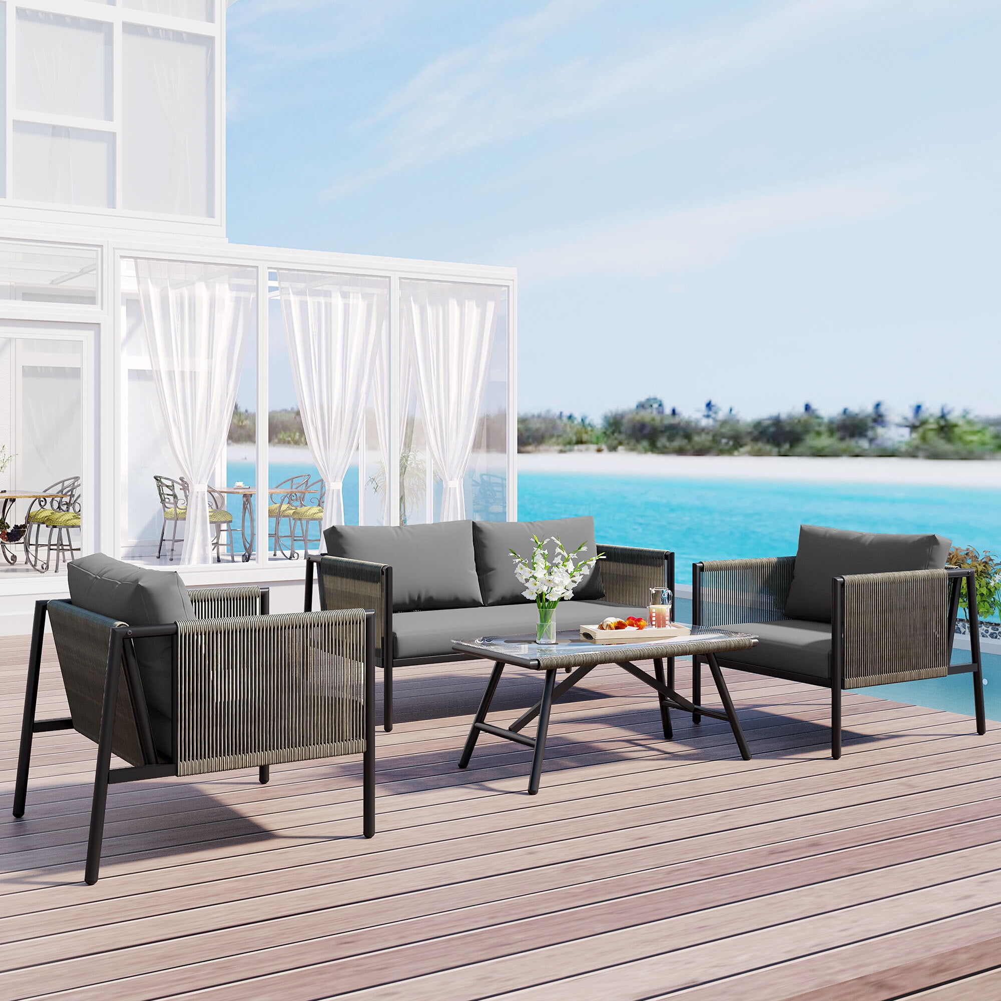 EUROCO 4 Piece Rope Patio Sofa Set All Weather Outdoor Furniture Set with Thick Cushions Toughened Glass Table and Loveseat For 4 Person Gray Walmart