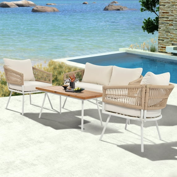 EUROCO 4 PieceModern Rope Patio Conversation Sets, 1000LBS Outdoor Conversation Set,All-Weather Woven Rope with Acacia Wood Tabletop,3.9in Fade Resistant Thick Soft Cushion & Coffee Table, Beige