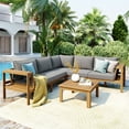 thumbnail image 1 of EUROCO 4 Pieces Outdoor Acacia Wood Sofa Set, Woven Mesh Armrests, L-Shaped Patio Furniture Sofa Set with Coffee Table, Outdoor Conversation Set with Gray Cushions and Side Table, 1 of 9