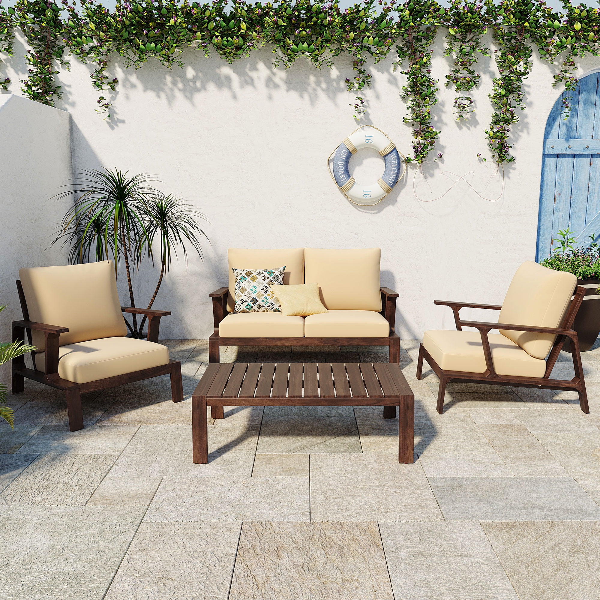 EUROCO 4 Pieces Outdoor Sofa Set 4-person Patio Seating Group Outdoor Conversation Set with Cushions and a Coffee Table for Patios, Gardens, or Balcony