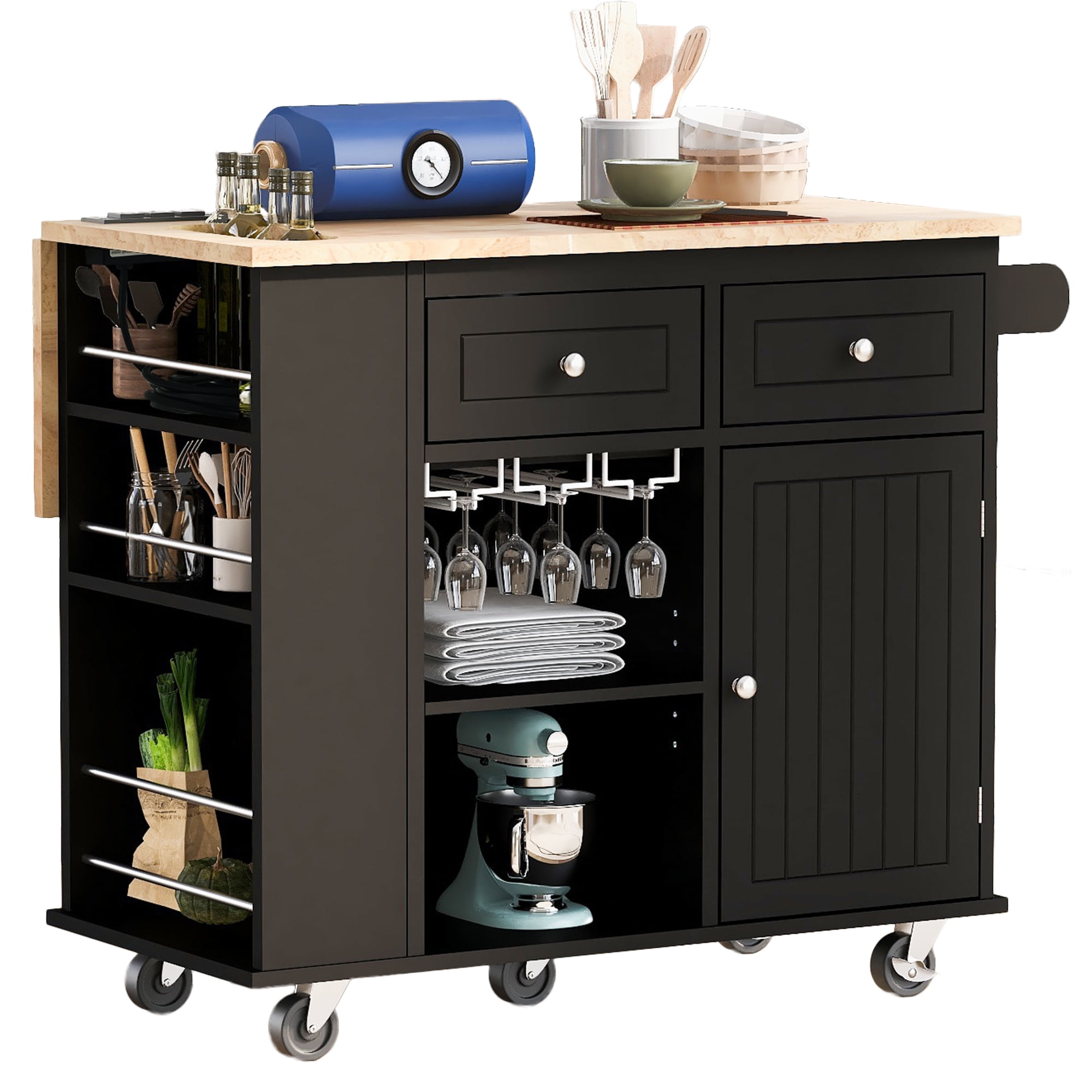 EUROCO 40" Kitchen Islands with Power Outlet,Kitchen islands cart with Drop Leaf,Rubber Wood Top