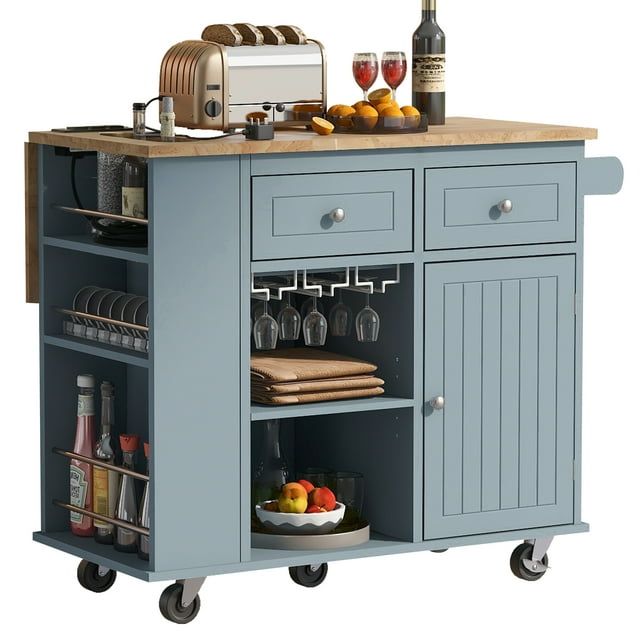"EUROCO 40"" Portable Kitchen Island Cart with Power Outlet, Drop Leaf