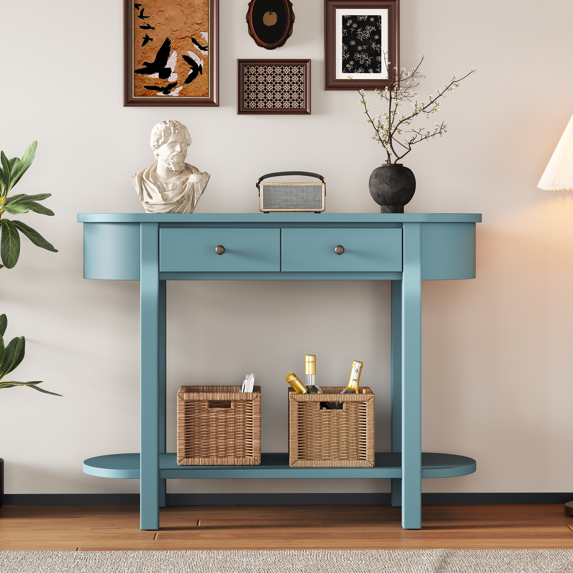 EUROCO 40" Narrow Console Table,Retro Entryway Table with Open Storage Shelf, 2 Drawers and Corner-Curved Design,Sofa Table Behind Couch for Entryway, Hallway and Living Room,Green