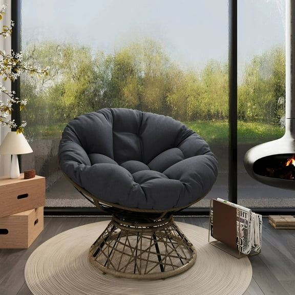 EUROCO 40" Oversized Ergonomic Wicker Papasan Chair with 360 Degree Swivel,Rattan Papasan Chair with Soft Thick Density Fabric Cushion,High Capacity Iron Frame and 3-proof Cover for Living Room,Beige