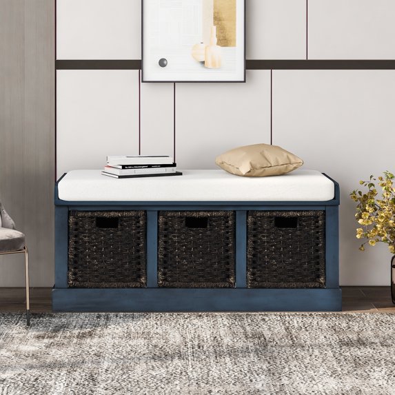 Euroco 41" Rustic Storage Bench, Wood Entry Bench with 3 Removable Classic Rattan Baskets & Removable Cushions for Living Room, Balcony, White