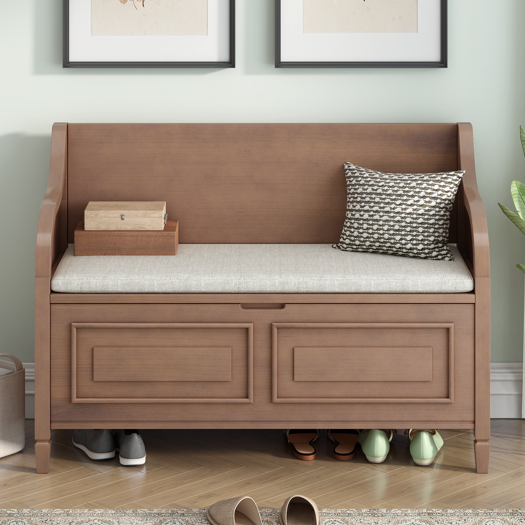 EUROCO 41.9 Rustic Storage Bench wood Entryway Multifunctional Storage Bench with Armrests Safety Hinge Lift Top Storage and Removable Upholstered Seats for Living Room Hallway Brown Walmart Business ...