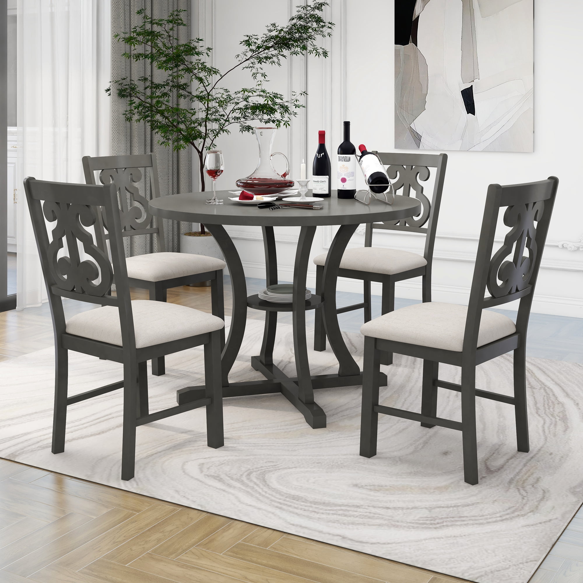 EUROCO 42" 5Piece Kitchen Table Set,Round Dining Table Set with Stoage