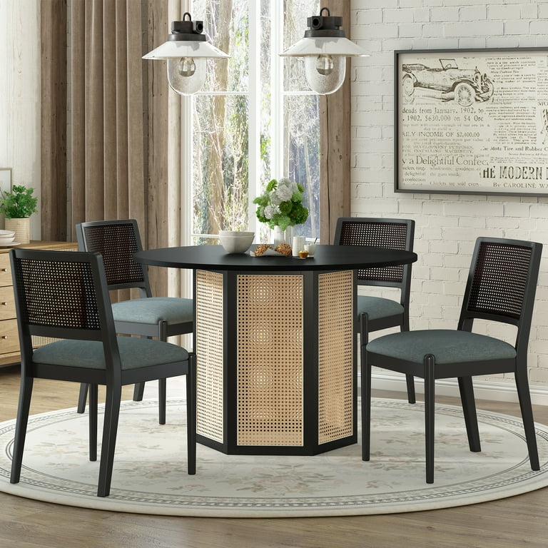 EUROCO 42 5PCS Rattan Round Dining Table Set for 4 Dining Set with Hexagonal Base Table and 4 Upholstered Chairs Kitchen Table Set for 4 Walmart