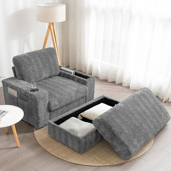 EUROCO 42" Oversized Chaise Lounge Indoor with Storage Ottoman,Faux Rabbit Fur Sleeper Chair with Armrest Pad,Cup-Holds,Storage Pockets and Deep Seat,Upholstered Comfy Sofa Bed for Small Space,Grey