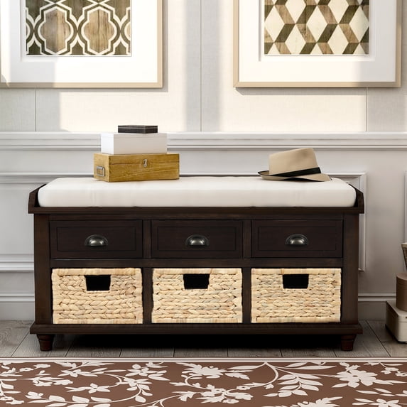 EUROCO 42" Rustic Storage Shoe Bench, Wood Bench with 3 Drawers and 3 Rattan Baskets for Living Room, Entryway, Espresso