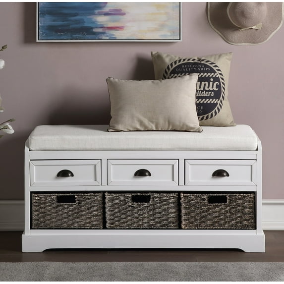 EUROCO 44" Storage Bench, Entry Bench Storage Bench with 3 Drawers, 3 Removable Classic Rattan Baskets, Wood Funiture for Living Room, Balcony, Gray