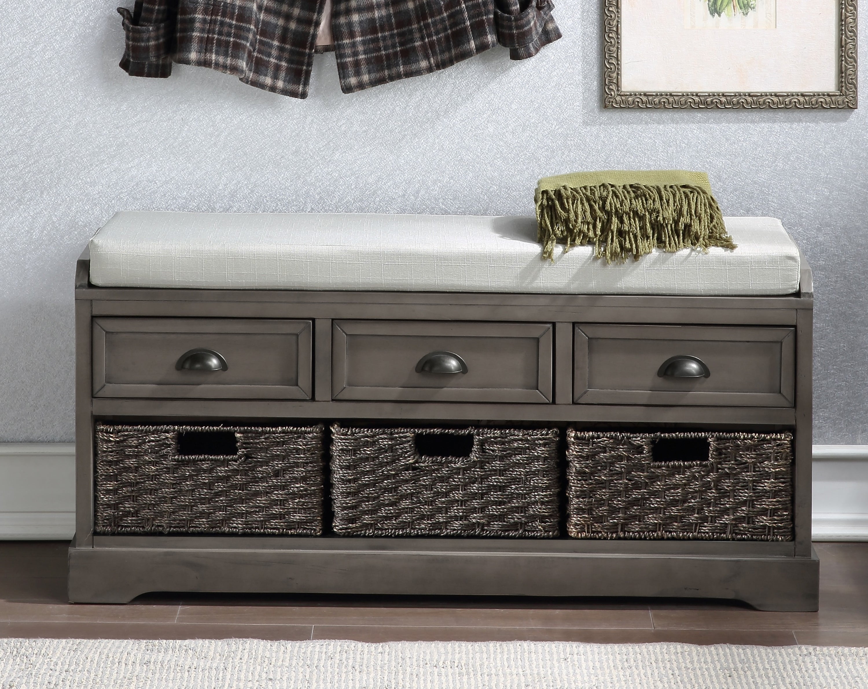 EUROCO 44" Storage Bench, Entry Bench Storage Bench with 3 Drawers, 3 Removable Classic Rattan Baskets, Wood Funiture for Living Room, Balcony, White