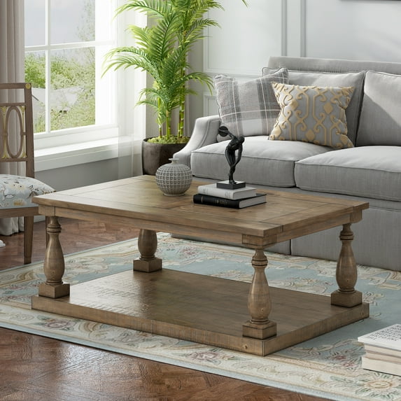 EUROCO 45.2" Coffee Table Living Room Table with Storage, Rustic Floor Shelf,Solid Pine Wood,for Living Room, Home Office,Walnut