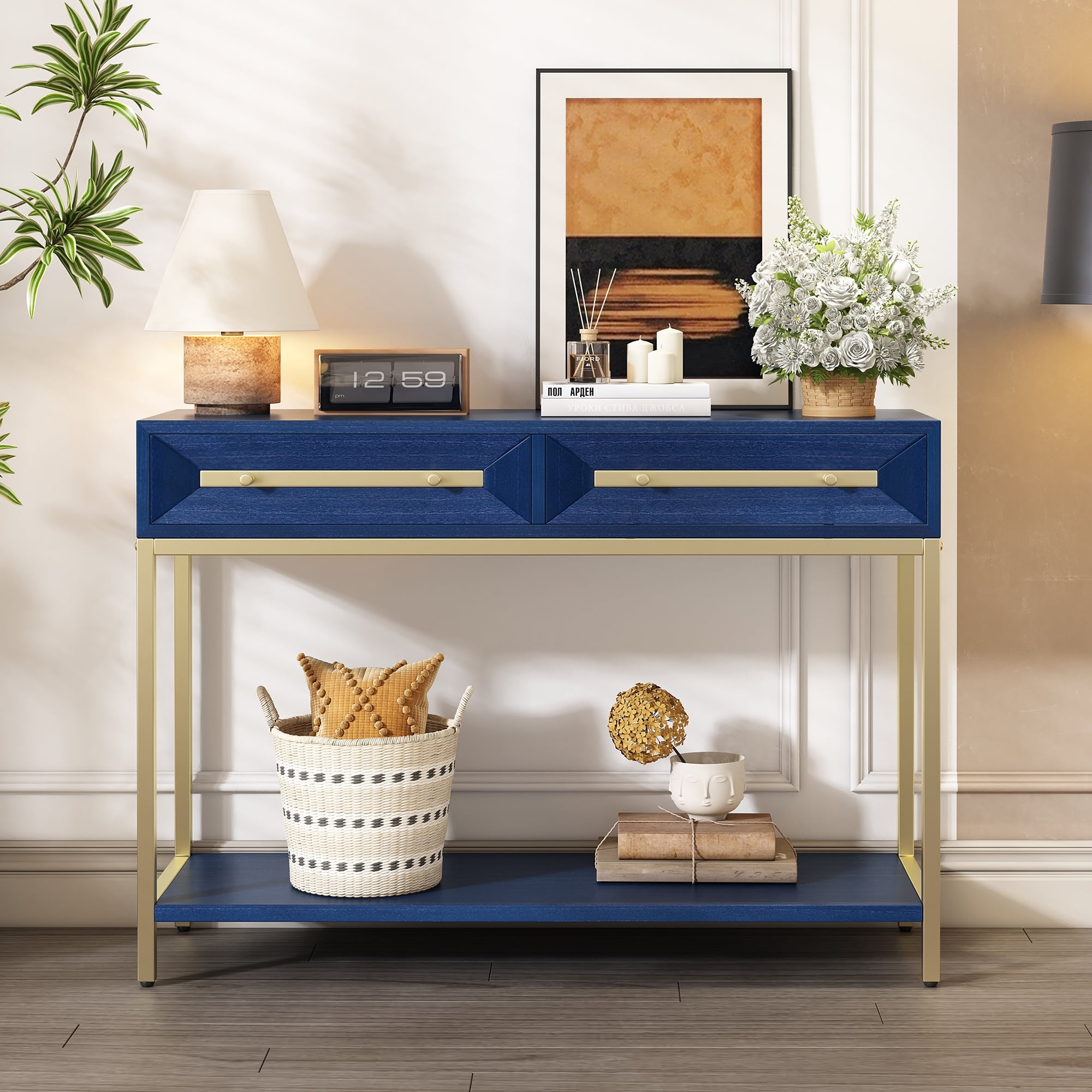 EUROCO 45.5" Console Table,Wood Narrow Entryway Table with 2 Drawers and Open Storage Shelf,Retro Hallway Table Sofa Table for Hallway,Living Room,Navy