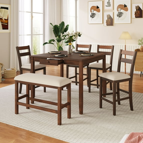 EUROCO 45"L 6-Pieces Small Place Dining Table Set for 6, Kitchen Dining Table with 2 Drawers, Counter Height Square Kitchen Set with Upholstered Chair and Bench, Walnut
