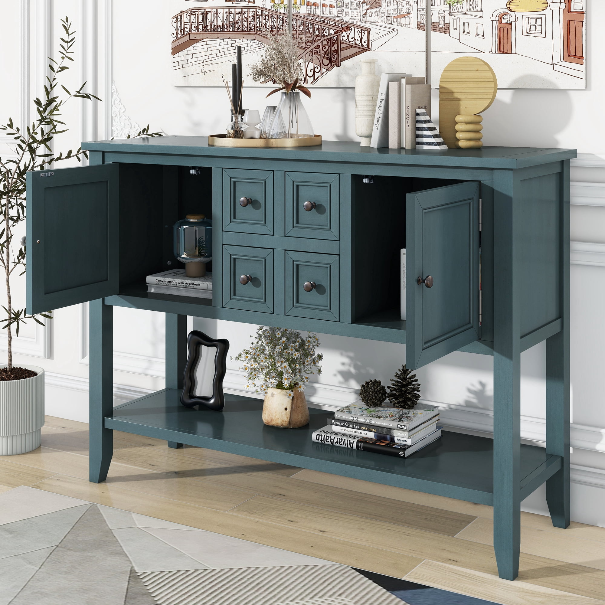 EUROCO 44.5" Console Table Sofa Table, Solid Wood Entryway Table with 4 Small Drawers, 2 cabinets and Bottom Shelf for Living Rooms, Entrances and Kitchens, Dark Blue