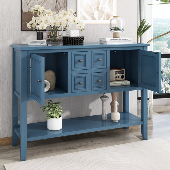 EUROCO 44.5" Console Table Sofa Table, Solid Wood Entryway Table with 4 Small Drawers, 2 cabinets and Bottom Shelf for Living Rooms, Entrances and Kitchens, Light Navy