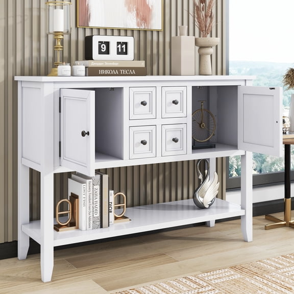EUROCO 44.5" Console Table Sofa Table, Solid Wood Entryway Table with 4 Small Drawers, 2 cabinets and Bottom Shelf for Living Rooms, Entrances and Kitchens,White