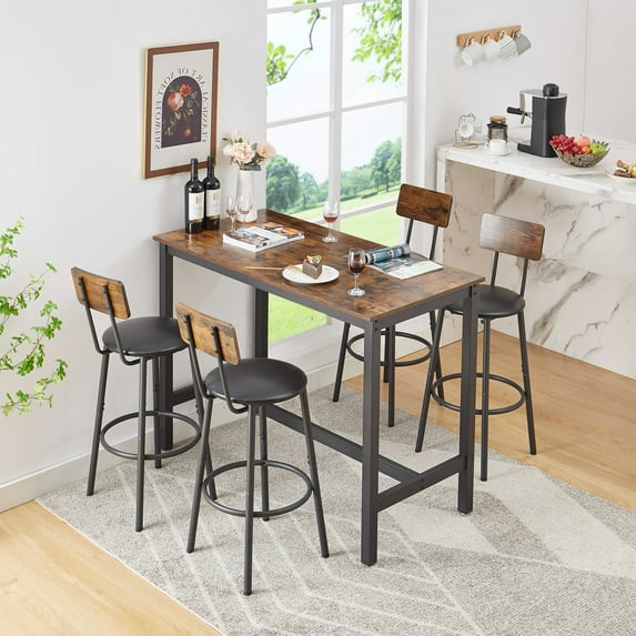EUROCO 47.2" Bar Table Set of 5,Breakfast Bar Table and Stool Set,Minimalist Dining Table with 4 PU Backrest Soft Seat,Adjustable Foot Pads,Thick Steel Frame,for Kitchen Apartment Bistro-Space Saving