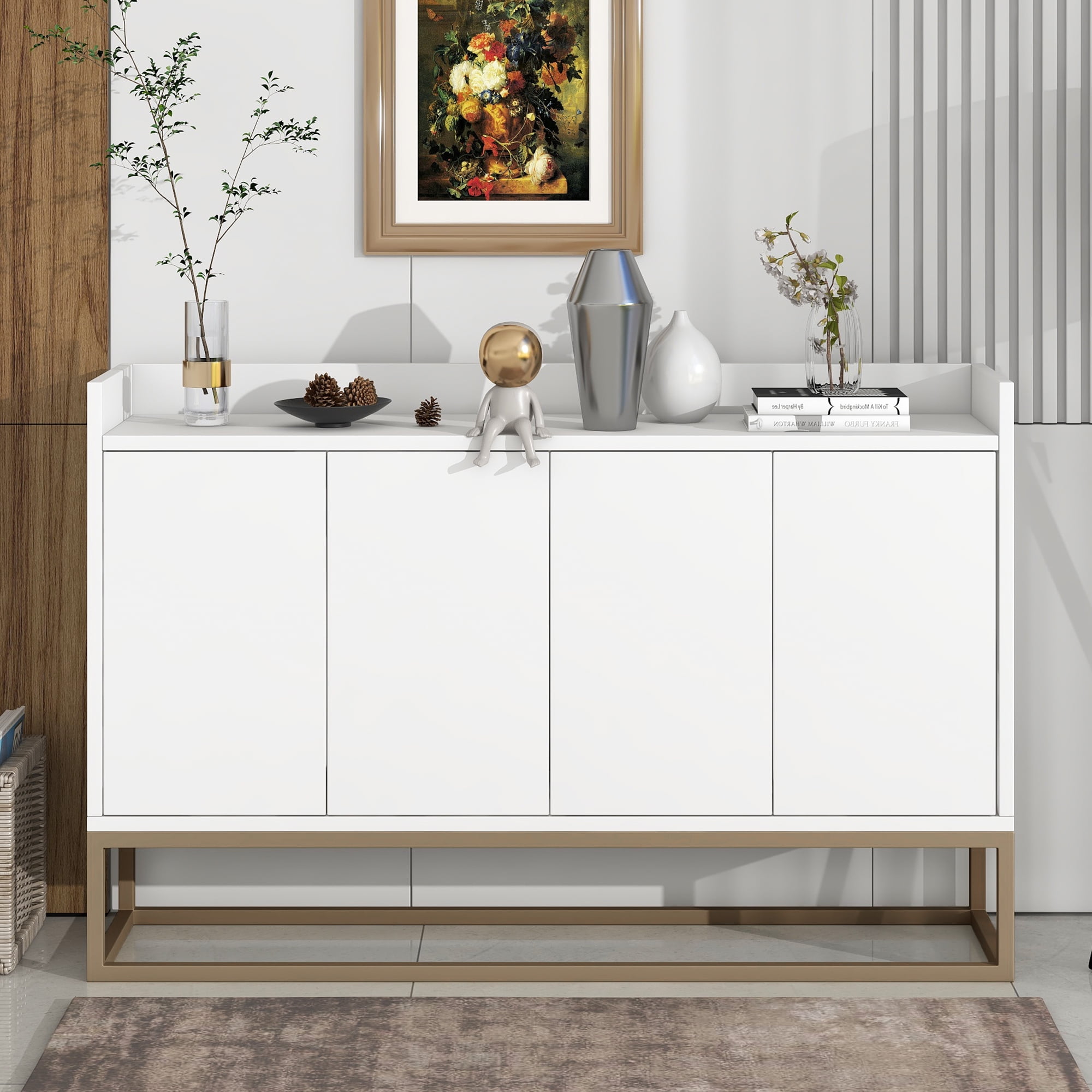 EUROCO 47.2'' Modern Sideboard Storage Buffet Cabinet, Particle Board Buffet Cabinet with 4 Doors, Adjustable Shelves and Gold Metal Legs for Dining Room, Entryway, White