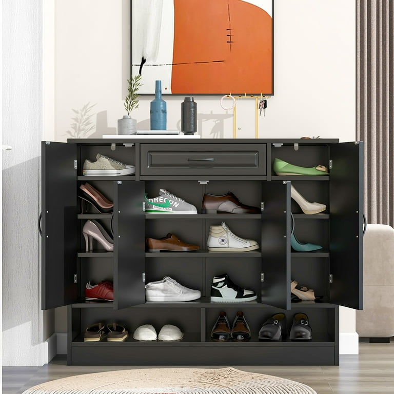 47.2 in. H x 39.4 in. W Black Wood 4-Door Shoe Storage Cabinet with Drawer and Open Shelf, Shoe Cabinet for Entryway