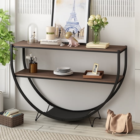 EUROCO 48" Long Console Table,Industrial 3-Tier Sofa Table Entryway Table with Open Shelves and Demilune Design,Narrow Accent Table for Living Room/Hallway/Entrance/Foyer,Dark Brown