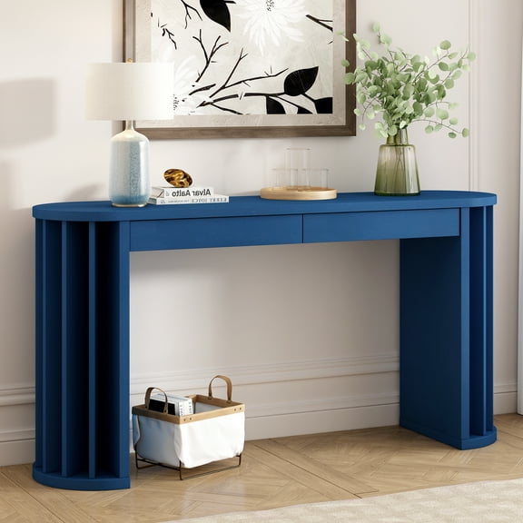 Euroco 59" Console Table with 2 Drawers,Modern Narrow Long Sofa Table Entryway Table with Curved Design for Entrance,Hallway,Living Room,Navy Blue