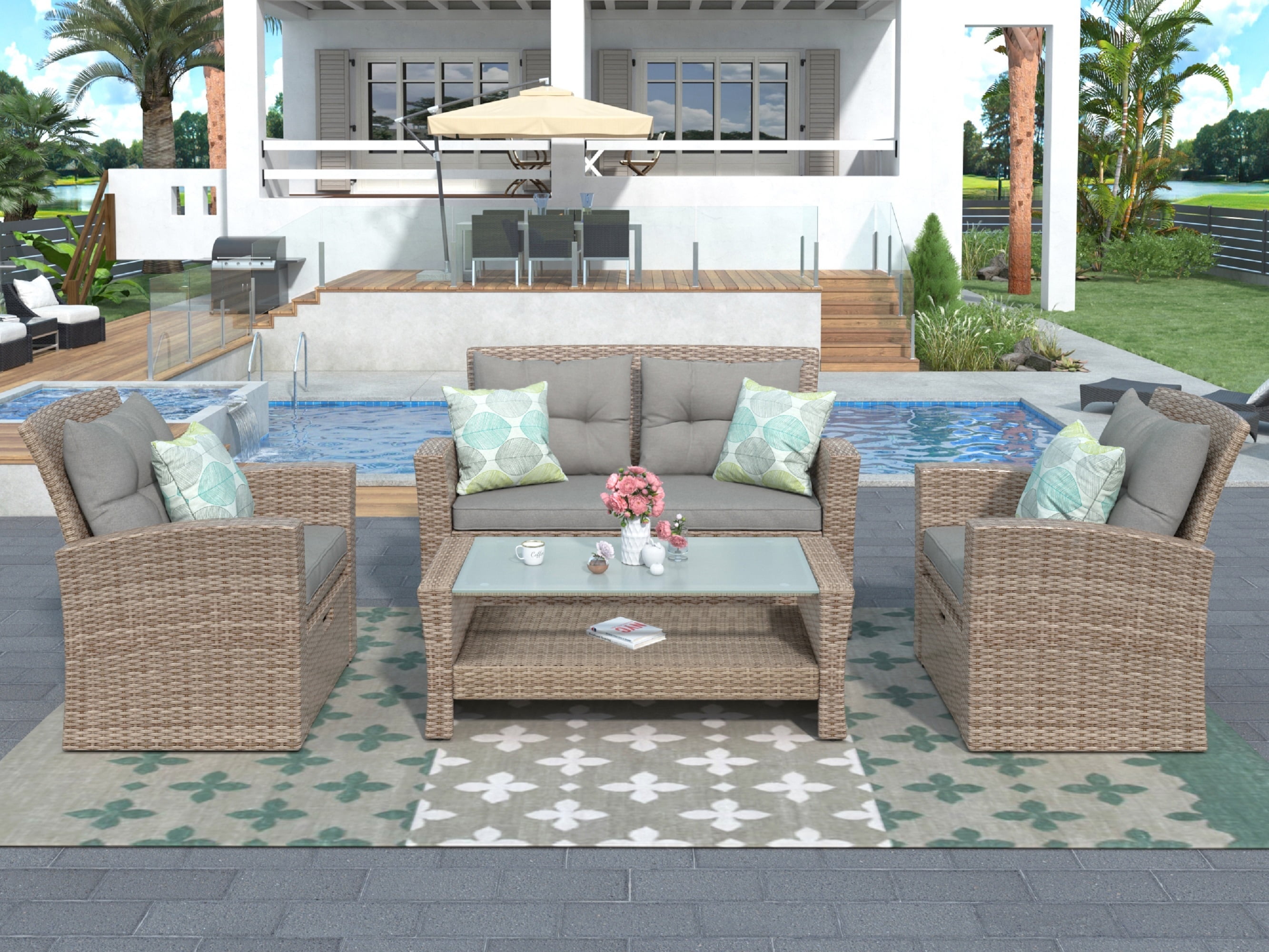 EUROCO 4PCS Rattan Sectional Sofa Set,Outdoor Conversation Set,AllWeather Wicker with Storage,2