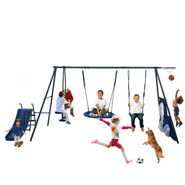 EUROCO 6 in 1 Metal Swing Sets,Heavy Duty Kid Swing Sets with Slide, Extra Enhanced Beam, Climbing Ladder, Seesaw,Disc Swing, Score Net and Basketball Hoop,Outdoor Playsets for 6-7 Kids