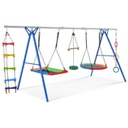 EUROCO 5 in 1 Outdoor Toddler Swing Set for Backyard, Playground Swing Sets with Steel Frame, Multifunction Playsets for Kids with Climbing Ladder, Saucer Swing, Monkey Bar Swing, Disc Swing