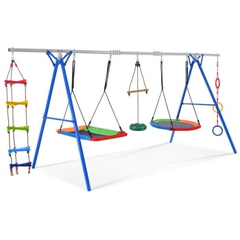 EUROCO 5 in 1 Outdoor Toddler Swing Set for Backyard, Playground Swing Sets with Steel Frame, Multifunction Playsets for Kids with Climbing Ladder, Saucer Swing, Monkey Bar Swing, Disc Swing