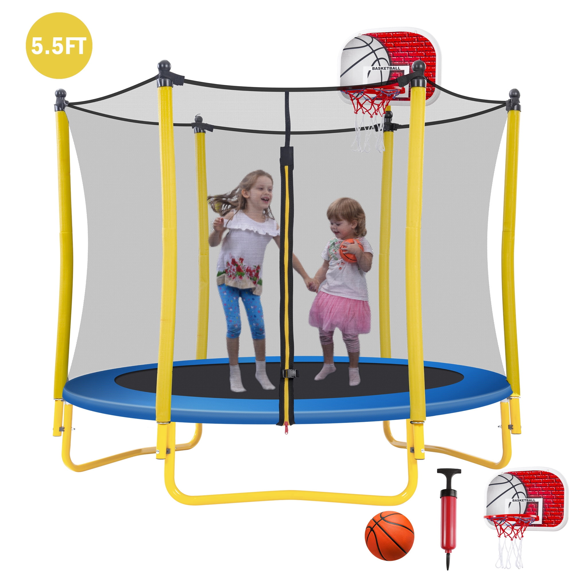 EUROCO 5.5FT Kids Trampoline with Basketball Hoop, Indoor & Outdoor Mini Toddler Trampoline with Enclosure Net, Easy to Assemble