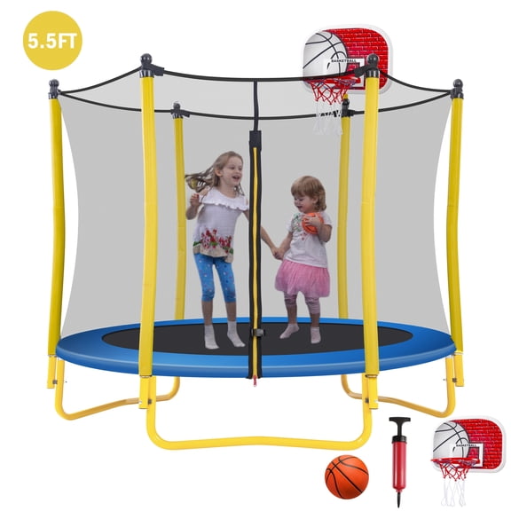 EUROCO 5.5FT Kids Trampoline with Basketball Hoop, Indoor & Outdoor Mini Toddler Trampoline with Enclosure Net, Easy to Assemble