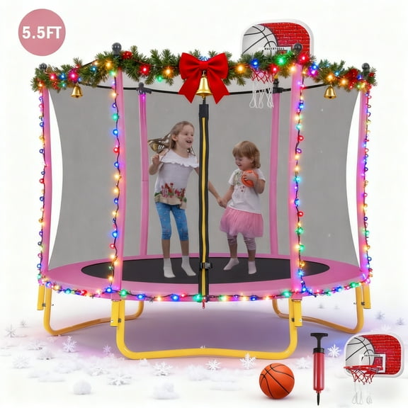 EUROCO 5.5FT Kids Trampoline with Basketball Hoop, Indoor & Outdoor Mini Toddler Trampoline with Enclosure Net, Easy to Assemble