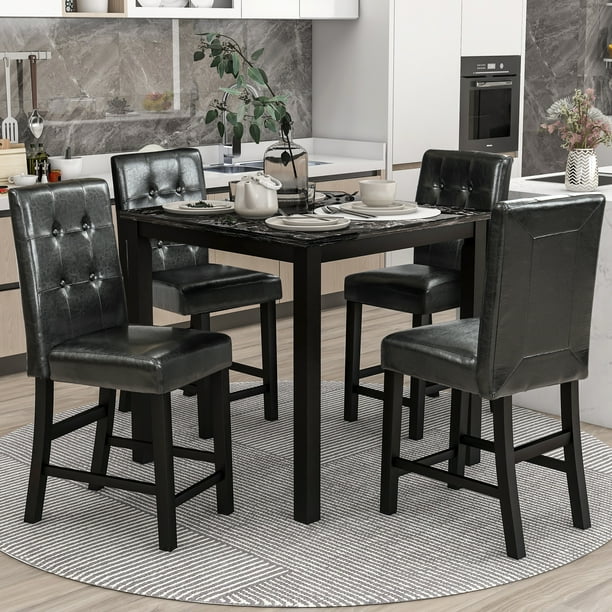 EUROCO 5 Piece Counter Height Dining Set With Faux Marble Table Top, Multiple Colors