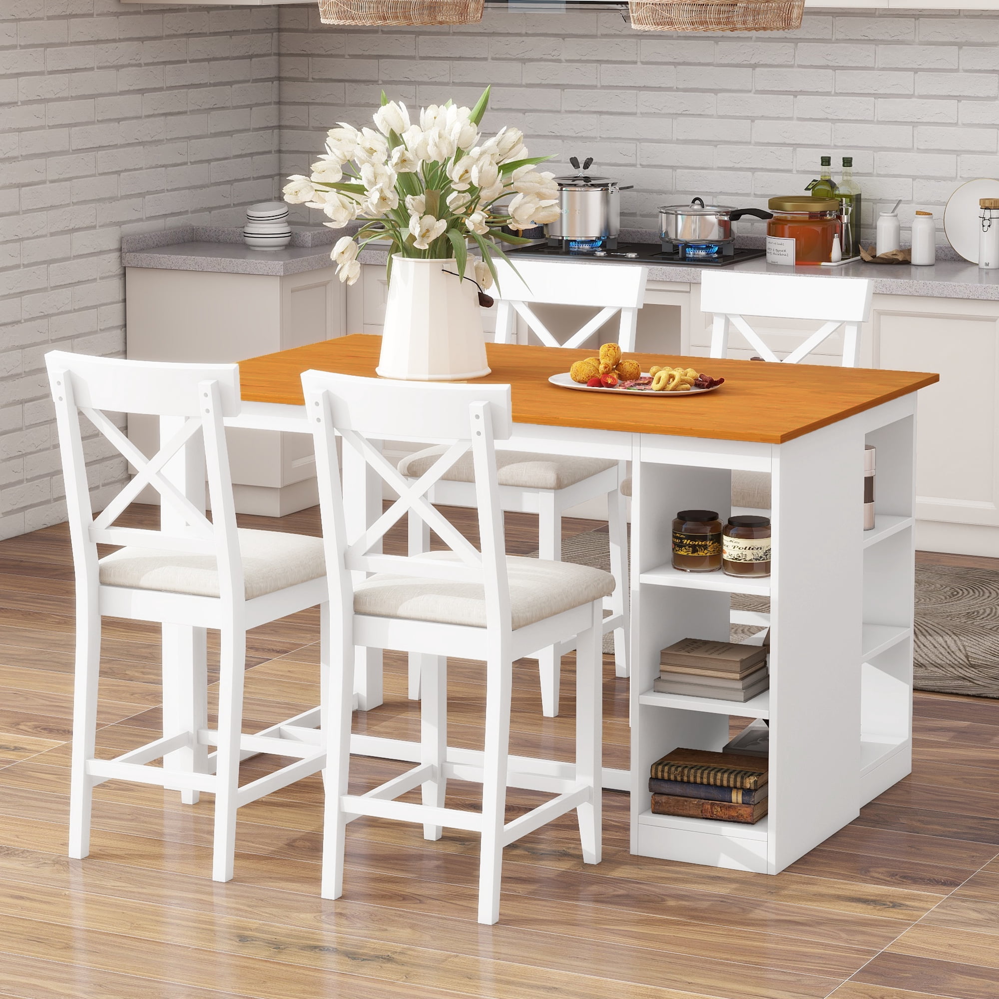 EUROCO 5 Piece Counter Height Dining Table Set for 4, 60" Bar Height ...