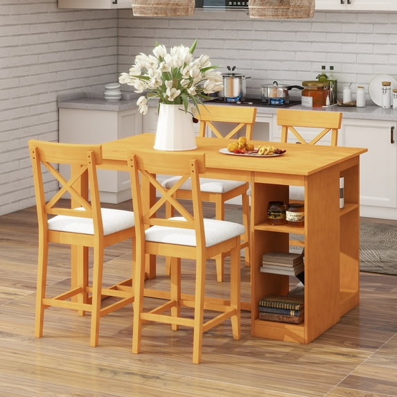 EUROCO 5 Piece Counter Height Dining Table Set for 4, 60" Bar Height Dining Set with 3-Tier Storage Shelves and 4 Upholstered Dining Chairs,Dining Room Table Set for Small Place Apartment Kitchen