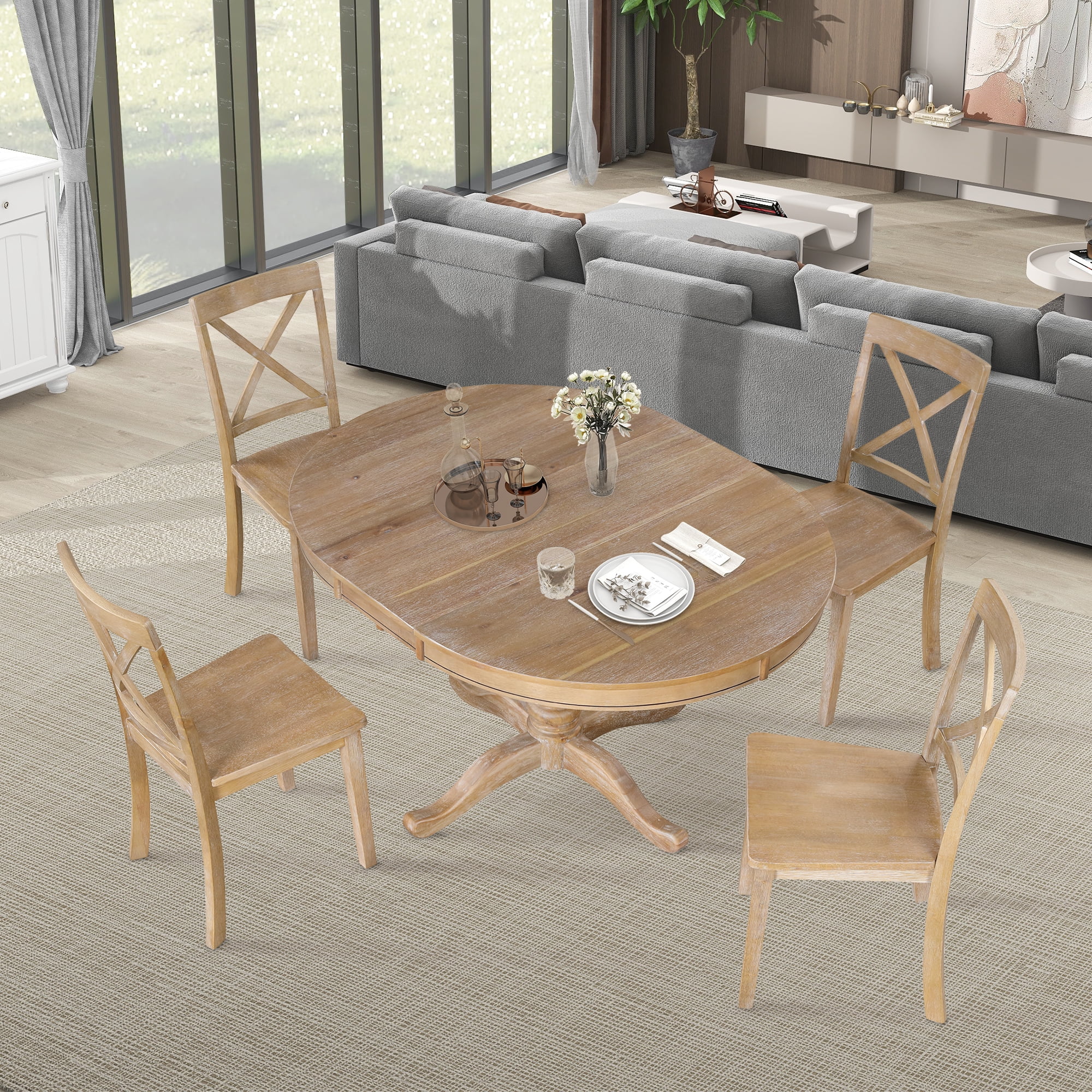 Euroco 5 Piece Dining Room Table Set 42 Round Dining Table with Extendable Tabletop Breakfast Nook Easy Clean Tabletop Natural Wood Wash