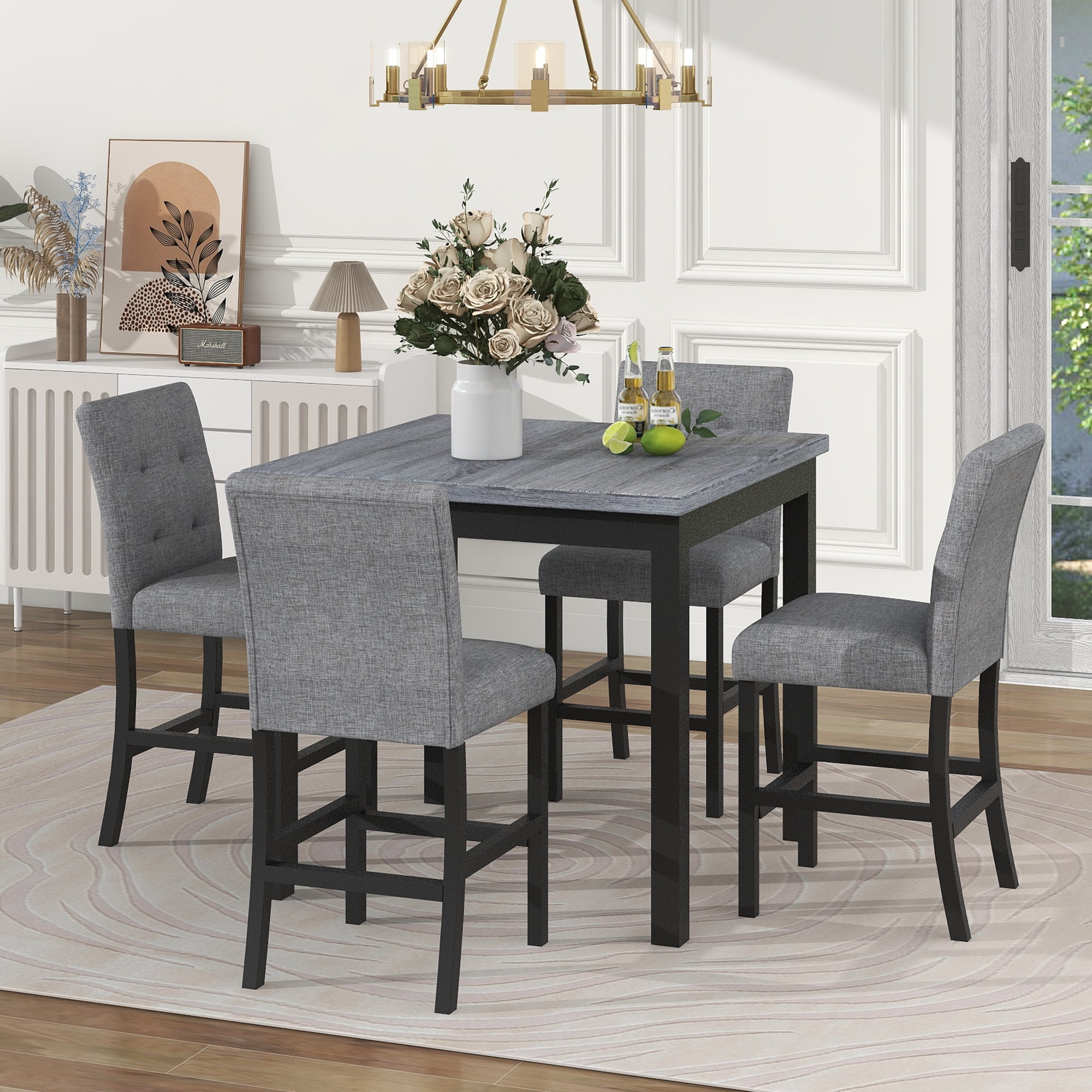 EUROCO 5-Piece Dining Room Table Set,Counter Height Dining Table Set with 4 Upholstered high-back Chairs and Chairs Home Furniture Square Modern,Black