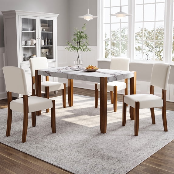 EUROCO 5-Piece Dining Table Set for 4, 46.5'' Faux Marble Style Table with 4 Upholstered Chairs and Solid Wood Frame,Kitchen Table Set for Home Living Dining Room, Off White