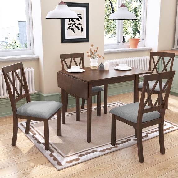 EUROCO 5-Piece Dining Table Set for 4,Kitchen Extendable Dining Table with Drop Leaf and 4 Dining Upholstered Chairs,Space-Saving Dinette Table Set for Dining Room,Living Room,Brown