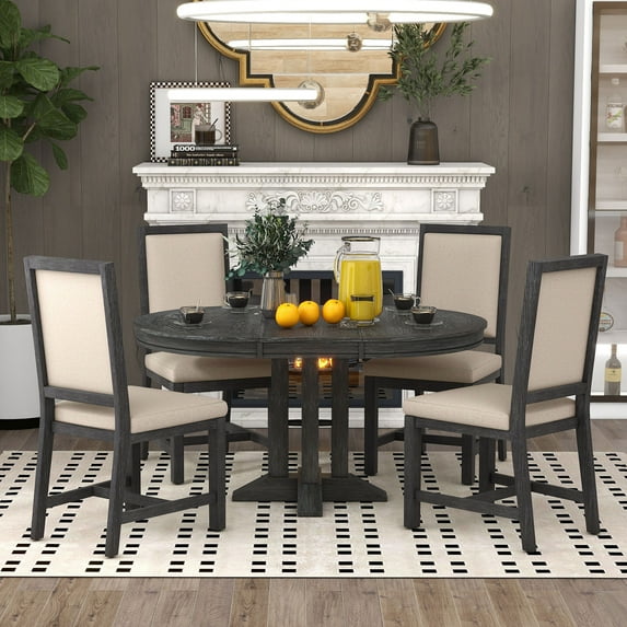 EUROCO 5-Piece Dining Table Set for 4,Round Kitchen Extendable Dining Table with 4 Dining Upholstered Chairs and Wooden Frame,Dining Room Table Set for Small Space,Living Room,Black