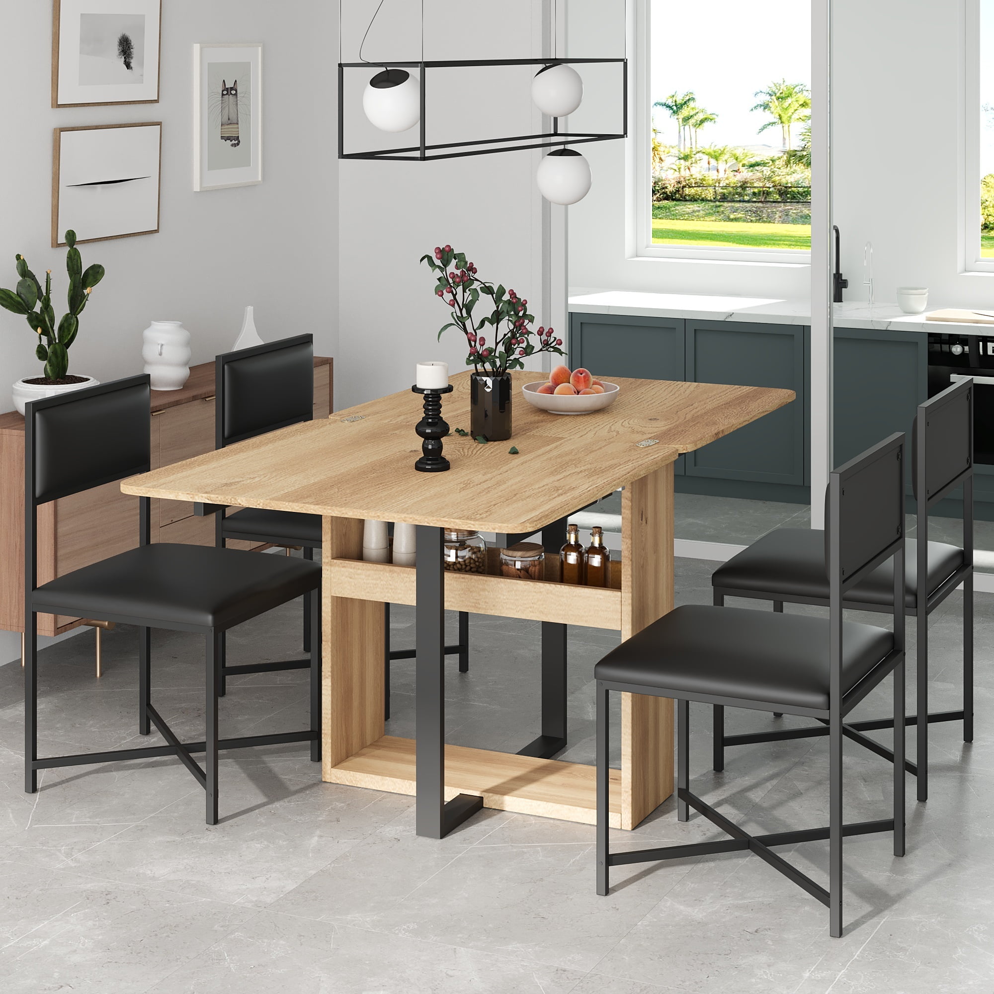 Euroco 5-Piece Extendable Dining Table Set for 4, Modern Compact 63" Foldable Square Kitchen Table Set with Storage Rack and 4 Upholstered Chairs for Small Places,Black