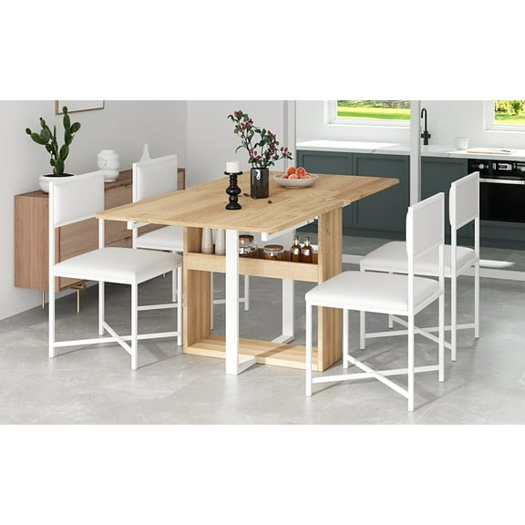 Euroco 5-Piece Extendable Dining Table Set for 4, Modern Compact 63" Foldable Square Kitchen Table Set with Storage Rack and 4 Upholstered Chairs for Small Places,White