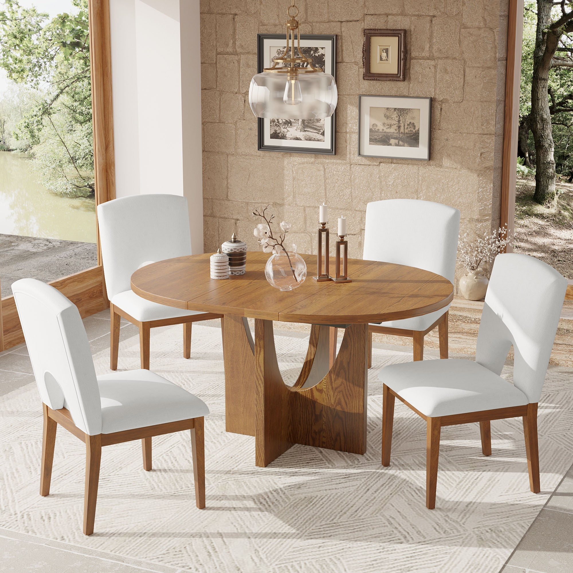 EUROCO 5-Piece Extendable Round Dining Table Set for 4, 57.1" Kitchen ...