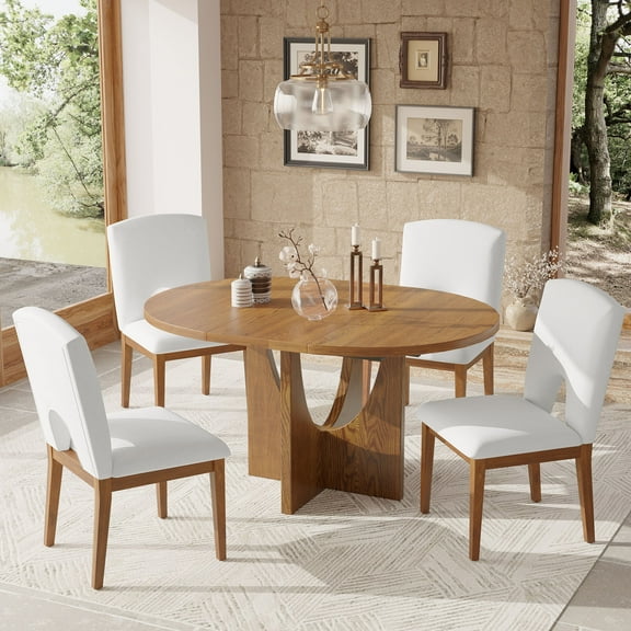 EUROCO 5-Piece Extendable Round Dining Table Set for 4, 57.1" Kitchen Table Set with 4 Upholstered Chairs and Removable Leaf for Saving Space,Walnut