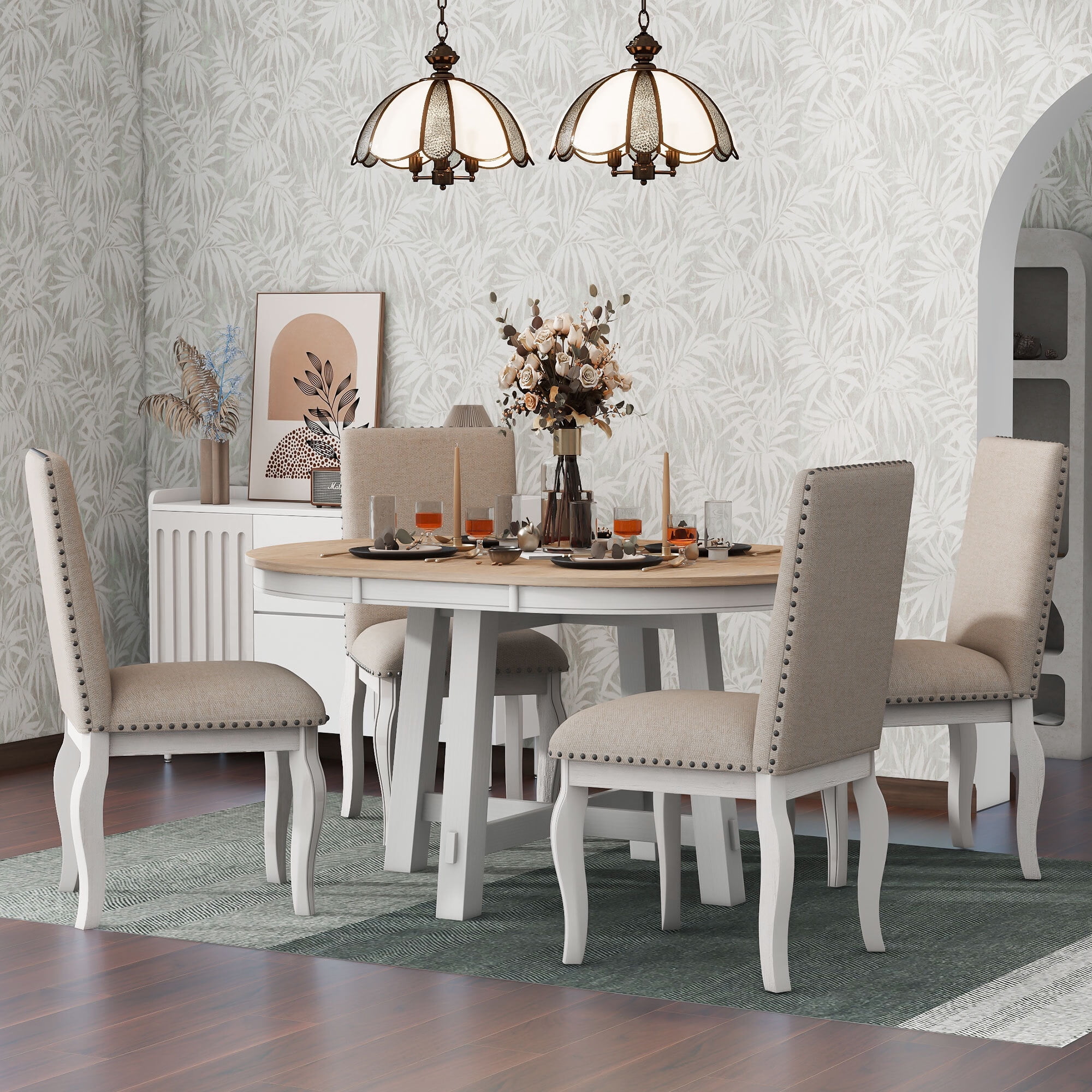 EUROCO 5-Piece Farmhouse Dining Table Set,Extendable Round Kitchen ...