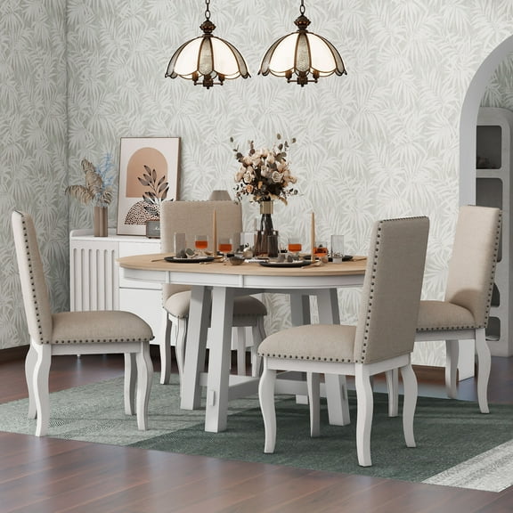 EUROCO 5-Piece Farmhouse Dining Table Set,Extendable Round Kitchen Table Set with 4 Upholstered Chairs for Dining Room, Small Space,Antique White