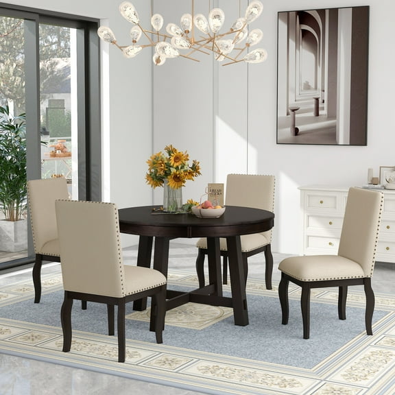 EUROCO 5-Piece Farmhouse Dining Table Set,Extendable Round Kitchen Table Set with 4 Upholstered Chairs for Dining Room, Small Space,Espresso